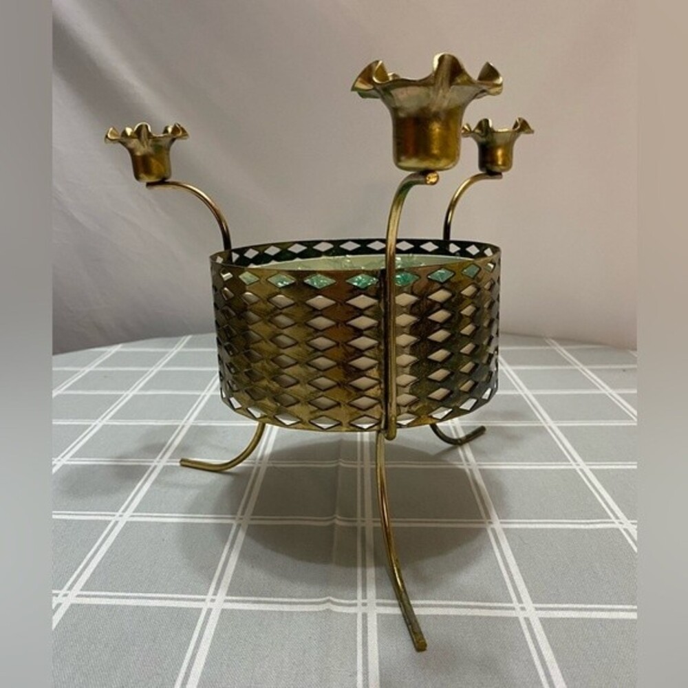 Vintage MCM Unique Gold Metal 3 Candle Holder Bowl Centerpiece Holiday Basket